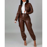 PU Leather Pocket Design Top & High Waist Pants Set - coffee