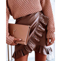 PU Leather Ruffle Hem Mini Skirt - brown