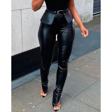 PU Leather Slit Skinny Pants With Belt - black