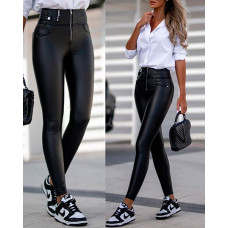 PU Leather Zip Fly High Waist Skinny Pants - black