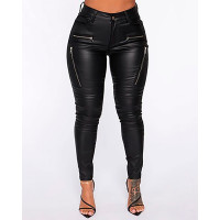 PU Leather Zipper Design Pocket Design Pants - black