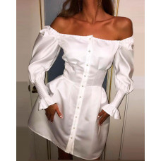 Puff Bell Sleeve Buttoned Casual Dress - white