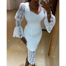 Puff Bell Sleeve Crochet Lace Party Dress - white