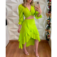 Puff Bell Sleeve Tied Detail Top & Asymmetrical Skirt Set - green