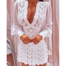 Puff Lantern Sleeve Butterfly Pattern Lace Dress - white