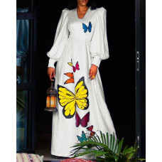 Puff Lantern Sleeve Butterfly Print Maxi Dress - white