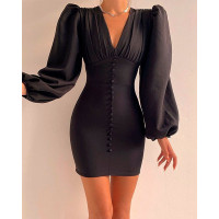 Puff Lantern Sleeve Button Decor Bodycon Dress - black