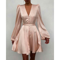 Puff Lantern Sleeve Button Front Satin Dress - Apricot