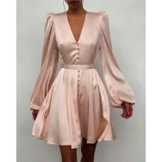 Puff Lantern Sleeve Button Front Satin Dress - Apricot