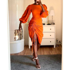 Puff Lantern Sleeve Drawstring Ruched Casual Dress - orange