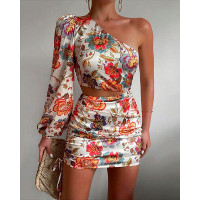 Puff Lantern Sleeve Floral Print Cutout One Shoulder Dress - Multicolor