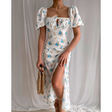 Puff Lantern Sleeve High Slit Floral Print Ruched Dress - white