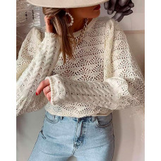 Puff Lantern Sleeve Knit Hollow Out Sweater - Apricot