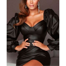 Puff Lantern Sleeve PU Leather Bodycon Dress - black