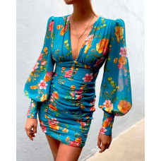 Puff Lantern Sleeve Ruched Floral Print Dress - blue