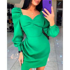 Puff Lantern Sleeve Ruched Party Dress - green