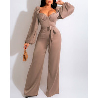 Puff Lantern Sleeve Shirred Back Belted Jumpsuit - khaki