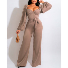 Puff Lantern Sleeve Shirred Back Belted Jumpsuit - khaki