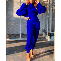 Puff Lantern Sleeve Top & High Waist Pants Set - blue