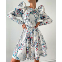 Puff Long Sleeve Floral Print Dress - white