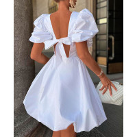 Puff Sleeve Backless Tied Detail Casual Dress - white