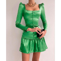 Puff Sleeve Button Decor Ruffles Casual Dress - green