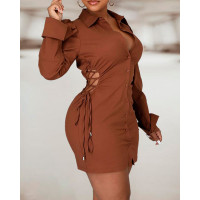 Puff Sleeve Button Design Lace Up Shirt Dress - brown