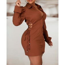 Puff Sleeve Button Design Lace Up Shirt Dress - brown