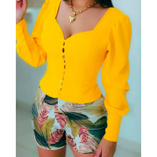 Puff Sleeve Button Front Top & Tropical Print Shorts Set - yellow