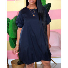 Puff Sleeve Casual T-shirt Dress - dark blue