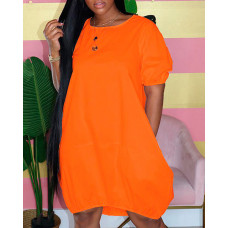 Puff Sleeve Casual T-shirt Dress - orange