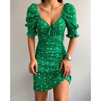 Puff Sleeve Ditsy Floral Print Drawstring Ruched Dress - green