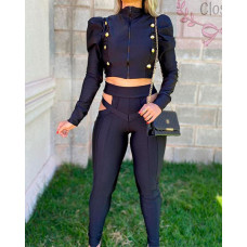 Puff Sleeve Double Breasted Zipper Crop Top & Skinny Pants Set - black