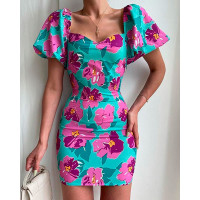 Puff Sleeve Floral Print Bodycon Dress - light green