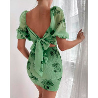 Puff Sleeve Floral Print Cutout Shirred Ruched Dress - light green