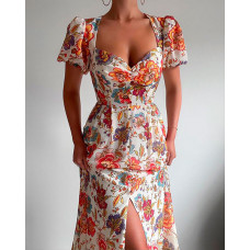 Puff Sleeve High Slit Floral Print Dress - Multicolor