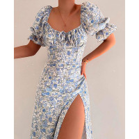 Puff Sleeve High Slit Ruched Bust Floral Print Dress - blue