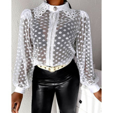 Puff Sleeve Lace Sheer Mesh Patch Shirt - white