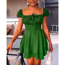 Puff Sleeve Layered Ruffles Casual Dress - green