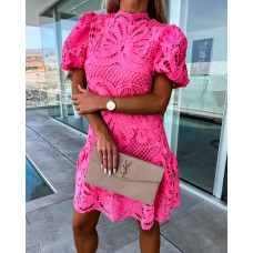 Puff Sleeve Mock Neck Lace Dress - hot pink