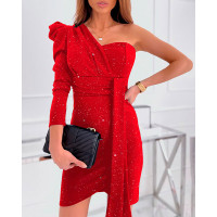 Puff Sleeve One Shoulder Asymmetrical Party Dress - red