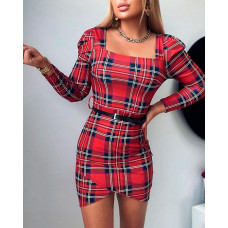 Puff Sleeve Plaid Print Puff Sleeve Bodycon Dress - red