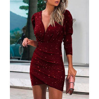 Puff Sleeve Plunge Ruched Glitter Bodycon Dress - Wine red