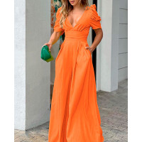 Puff Sleeve Plunge Wide Leg Jumpsuit - orange