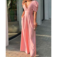 Puff Sleeve Plunge Wide Leg Jumpsuit - pink