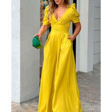 Puff Sleeve Plunge Wide Leg Jumpsuit - yellow