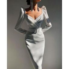 Puff Sleeve Ruched Belted Evening Dress - white