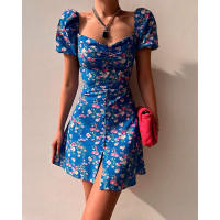 Puff Sleeve Ruched Bust Floral Print Dress - blue