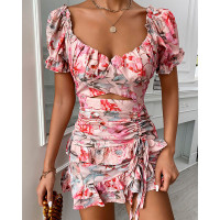 Puff Sleeve Ruched Drawstring Floral Print Dress - pink