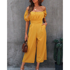 Puff Sleeve Ruched Pocked Design Jumpsuit - yellow